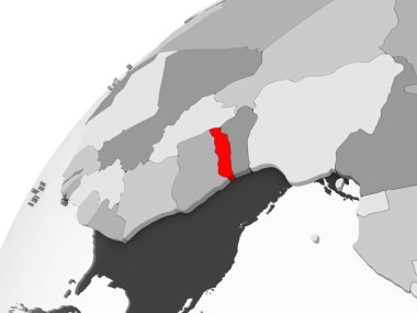Togo Haritası kırmızı şeffaf okyanuslar ile gri siyasi dünya üzerinde. 3D çizim.