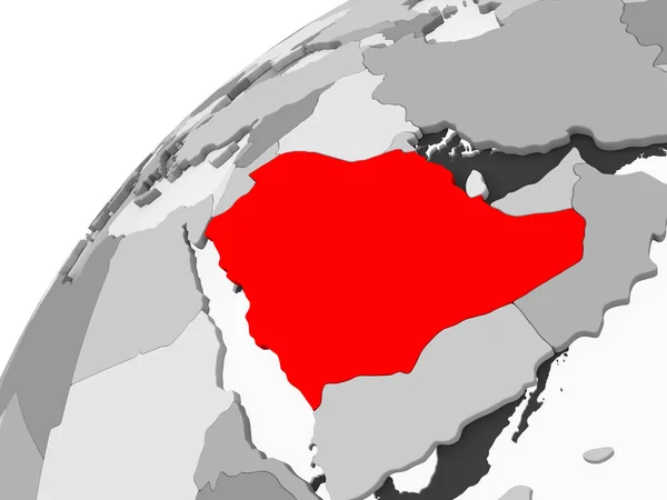 Карта Саудовской Аравии Красном Сером Политическом Глобусе Прозрачными Океанами Иллюстрация — стоковое фото