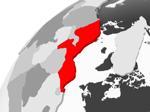 Mapa Mozambiku Kolorze Czerwonym Szary Globus Polityczny Przezroczystym Oceanów Ilustracja — Zdjęcie stockowe