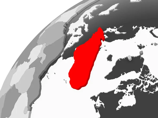 Mapa Madagascar Rojo Sobre Gris Globo Político Con Océanos Transparentes — Foto de Stock