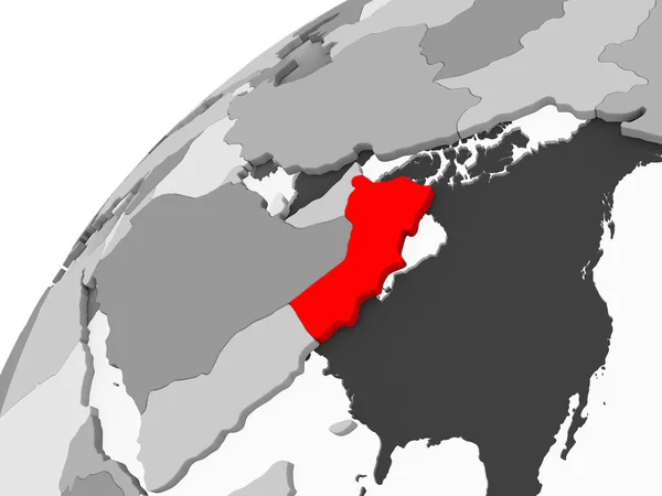 Mappa Dell Oman Rosso Globo Politico Grigio Con Oceani Trasparenti — Foto Stock