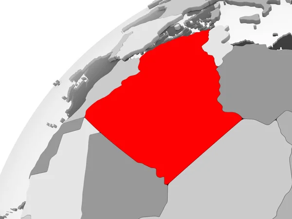 阿尔及利亚的地图在红色在灰色政治地球与透明的海洋 — 图库照片