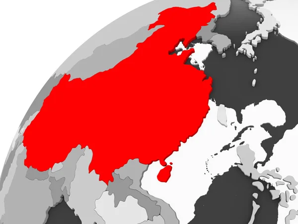 中国地图在红色在灰色政治地球与透明的海洋 — 图库照片