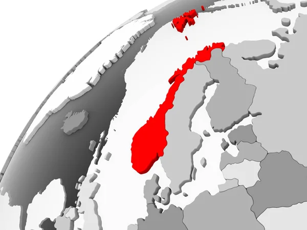 Mapa Noruega Rojo Sobre Gris Globo Político Con Océanos Transparentes — Foto de Stock