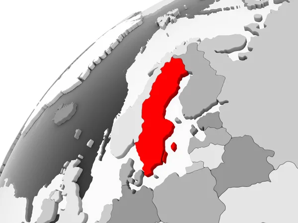 透明な海と灰色の政治世界の赤でスウェーデンの地図 イラストレーション — ストック写真