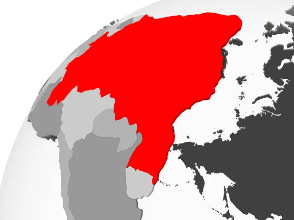 Mapa Brazylia Kolorze Czerwonym Szary Globus Polityczny Przezroczystym Oceanów Ilustracja — Zdjęcie stockowe