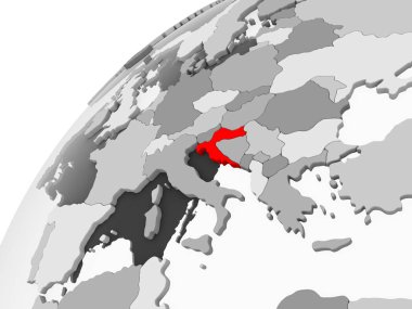 Hırvatistan haritası kırmızı şeffaf okyanuslar ile gri siyasi dünya üzerinde. 3D çizim.
