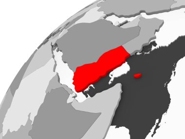 Yemen Haritası kırmızı şeffaf okyanuslar ile gri siyasi dünya üzerinde. 3D çizim.