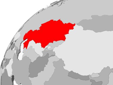 Kazakistan Haritası kırmızı şeffaf okyanuslar ile gri siyasi dünya üzerinde. 3D çizim.