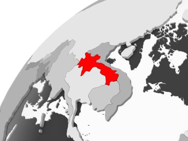 Laos Haritası kırmızı şeffaf okyanuslar ile gri siyasi dünya üzerinde. 3D çizim.