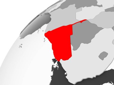 Namibya Haritası kırmızı şeffaf okyanuslar ile gri siyasi dünya üzerinde. 3D çizim.