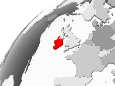 İrlanda haritası kırmızı şeffaf okyanuslar ile gri siyasi dünya üzerinde. 3D çizim.