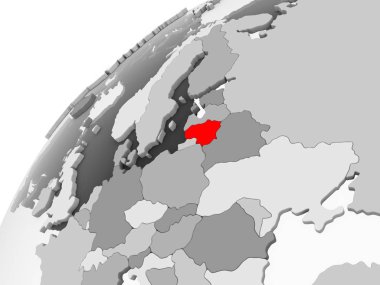 Litvanya Haritası kırmızı şeffaf okyanuslar ile gri siyasi dünya üzerinde. 3D çizim.