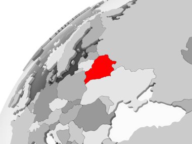 Beyaz Rusya Haritası kırmızı şeffaf okyanuslar ile gri siyasi dünya üzerinde. 3D çizim.