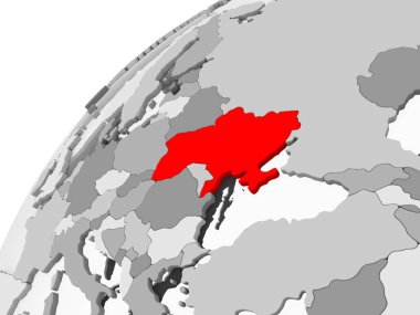 Ukrayna haritası kırmızı şeffaf okyanuslar ile gri siyasi dünya üzerinde. 3D çizim.