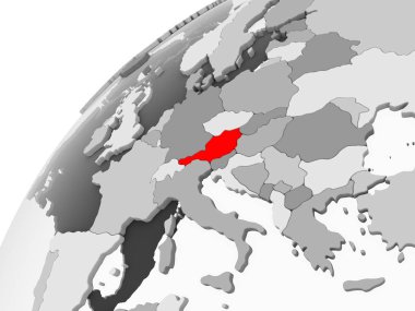 Kırmızı şeffaf okyanuslar ile gri siyasi dünya üzerinde harita (Avusturya). 3D çizim.