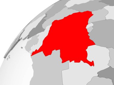 Demokratik Kongo Cumhuriyeti Haritası kırmızı şeffaf okyanuslar ile gri siyasi dünya üzerinde. 3D çizim.