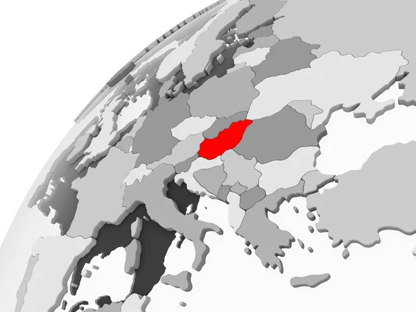 Macaristan Haritası Kırmızı Şeffaf Okyanuslar Ile Gri Siyasi Dünya Üzerinde — Stok fotoğraf