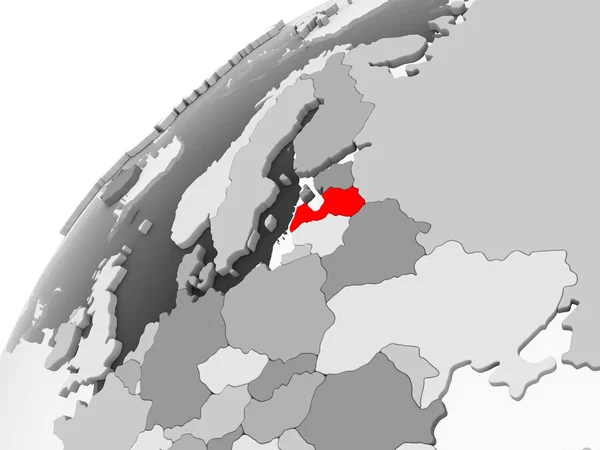Мапа Латвії Червоний Колір Сірий Політичних Глобусом Допомогою Прозорих Океанів — стокове фото