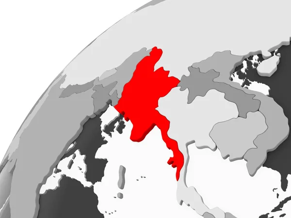 Mapa Myanmar Rojo Sobre Globo Político Gris Con Océanos Transparentes —  Fotos de Stock