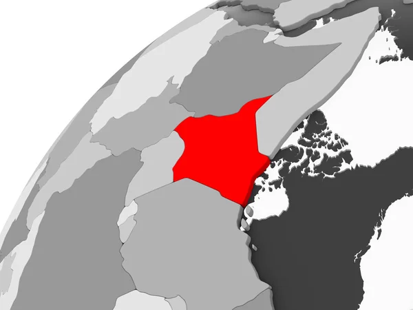 Mapa Kenia Rojo Sobre Gris Globo Político Con Océanos Transparentes — Foto de Stock