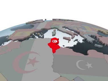 Tunus katıştırılmış bayrak ile siyasi dünya üzerinde. 3D çizim.