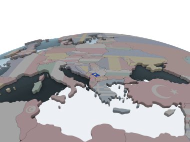 Kosova katıştırılmış bayrak ile siyasi dünya üzerinde. 3D çizim.