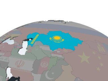 Kazakistan katıştırılmış bayrak ile siyasi dünya üzerinde. 3D çizim.