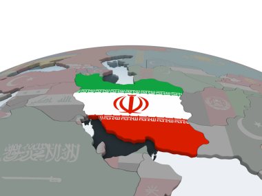 Iran katıştırılmış bayrak ile siyasi dünya üzerinde. 3D çizim.