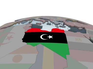 Libya katıştırılmış bayrak ile siyasi dünya üzerinde. 3D çizim.
