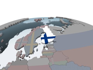 Finlandiya katıştırılmış bayrak ile siyasi dünya üzerinde. 3D çizim.