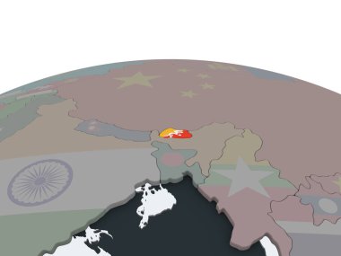 Bhutan katıştırılmış bayrak ile siyasi dünya üzerinde. 3D çizim.