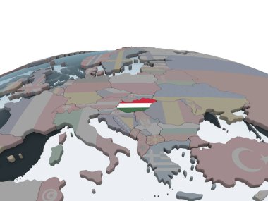 Macaristan katıştırılmış bayrak ile siyasi dünya üzerinde. 3D çizim.