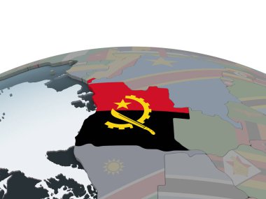 Angola katıştırılmış bayrak ile siyasi dünya üzerinde. 3D çizim.