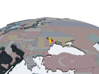 Moldova katıştırılmış bayrak ile siyasi dünya üzerinde. 3D çizim.