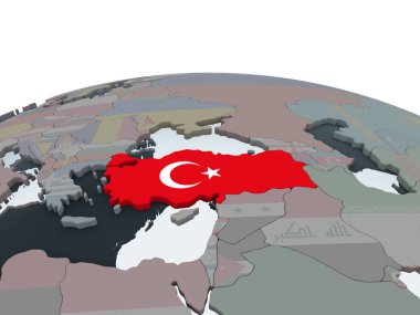 Türkiye katıştırılmış bayrak ile siyasi dünya üzerinde. 3D çizim.