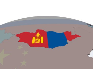 Moğolistan katıştırılmış bayrak ile siyasi dünya üzerinde. 3D çizim.