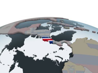 Kosta Rika katıştırılmış bayrak ile siyasi dünya üzerinde. 3D çizim.
