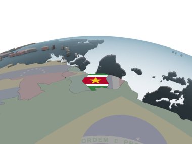Surinam katıştırılmış bayrak ile siyasi dünya üzerinde. 3D çizim.