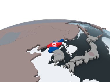Kuzey Kore katıştırılmış bayrak ile siyasi dünya üzerinde. 3D çizim.