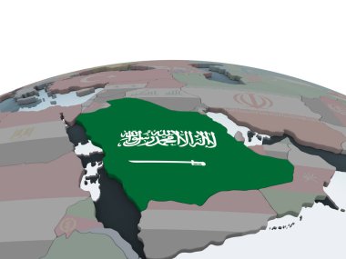 Suudi Arabistan katıştırılmış bayrak ile siyasi dünya üzerinde. 3D çizim.