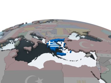 Yunanistan katıştırılmış bayrak ile siyasi dünya üzerinde. 3D çizim.
