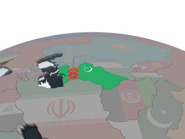 Türkmenistan katıştırılmış bayrak ile siyasi dünya üzerinde. 3D çizim.