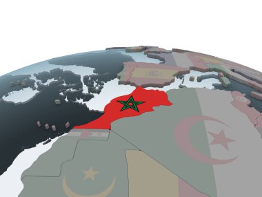 Fas katıştırılmış bayrak ile siyasi dünya üzerinde. 3D çizim.