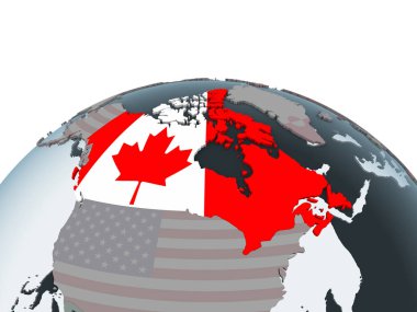 Kanada katıştırılmış bayrak ile siyasi dünya üzerinde. 3D çizim.