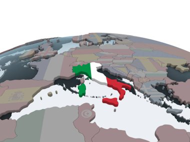 İtalya katıştırılmış bayrak ile siyasi dünya üzerinde. 3D çizim.