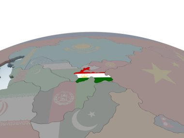 Tacikistan katıştırılmış bayrak ile siyasi dünya üzerinde. 3D çizim.