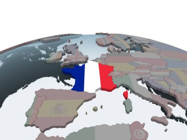 Fransa katıştırılmış bayrak ile siyasi dünya üzerinde. 3D çizim.