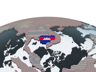 Kamboçya katıştırılmış bayrak ile siyasi dünya üzerinde. 3D çizim.