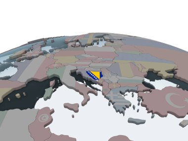 Bosna ve Hersek katıştırılmış bayrak ile siyasi dünya üzerinde. 3D çizim.